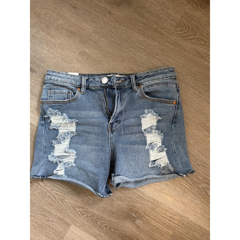 Almost Famous Women's Light Blue Distressed Denim Shorts Size 7 Stretch Pockets